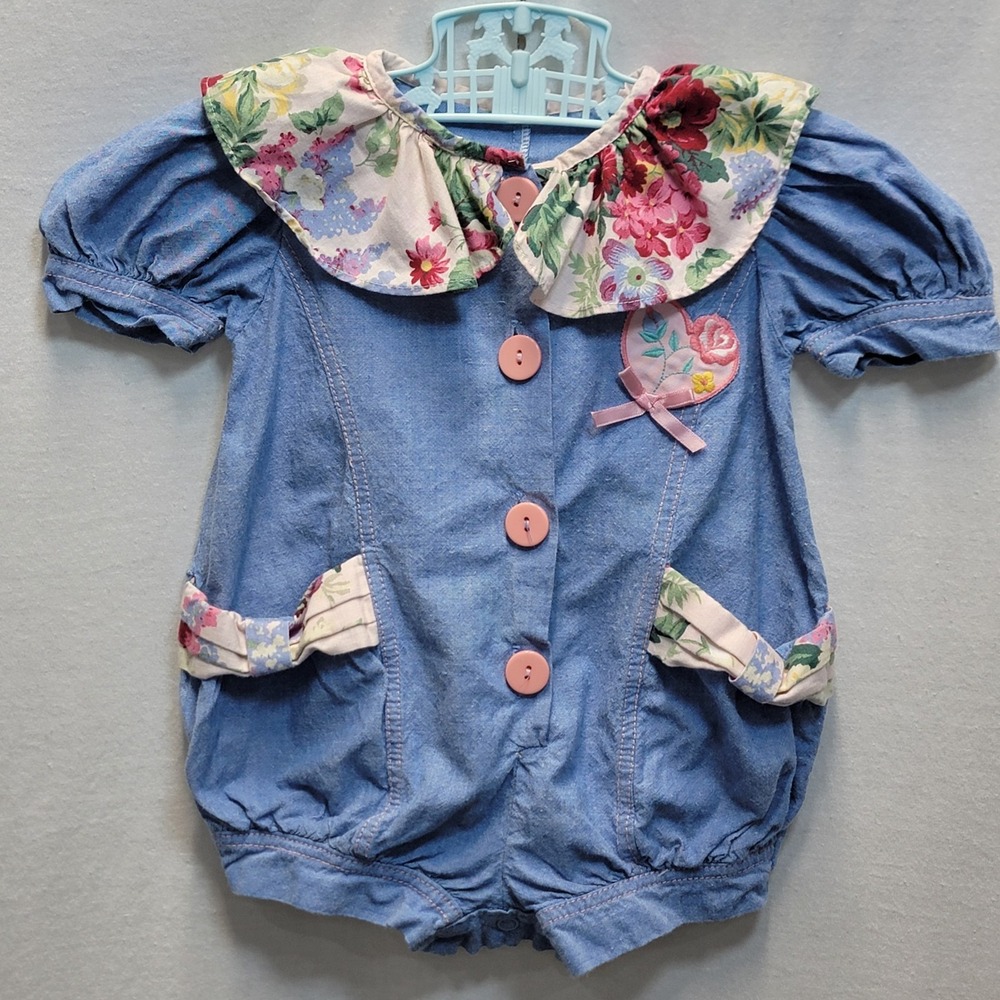 Vintage‎ 90s Denim Look Bubble Romper With Floral Collar Bows Sz 12mo